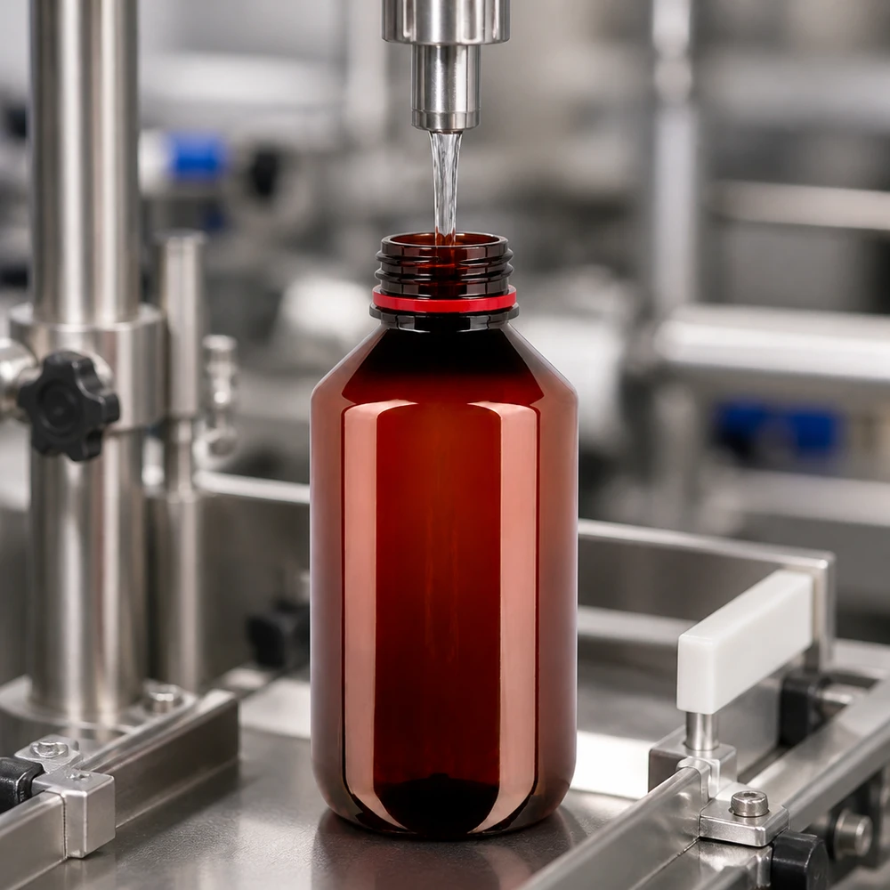 Lichtbestendige fles van 200 ml, bruin PET, met OV-sluiting, op een roestvrijstalen afvulmachine