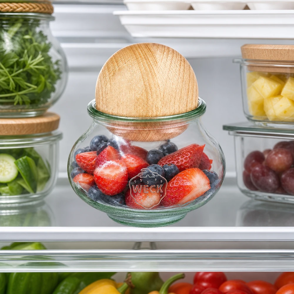 WECK sieraden pot 560ml RR80 Koelkast opslag bessen fruit houten bal beuken versheid behoud koelkast organisatie