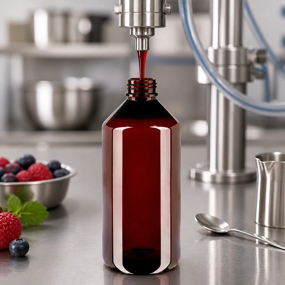 1000 ml PET medicijnfles met verstuiver zwart GCMI 28/410 incl. dop transparant, standaard Stevige bruine PET-fles van 1 liter met een kindveilige rode dop