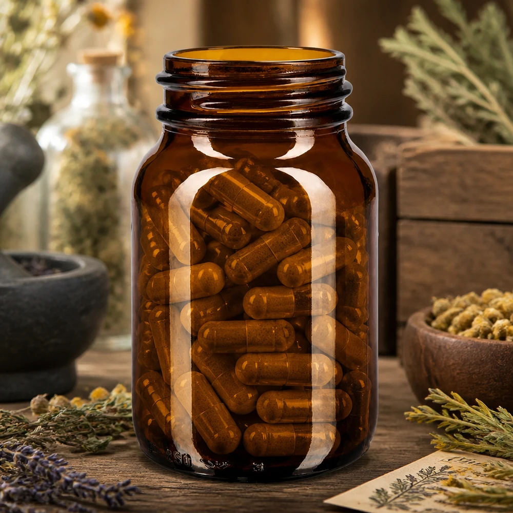 Bruine glazen fles 250ml met wijde opening ideaal voor capsules en tabletten