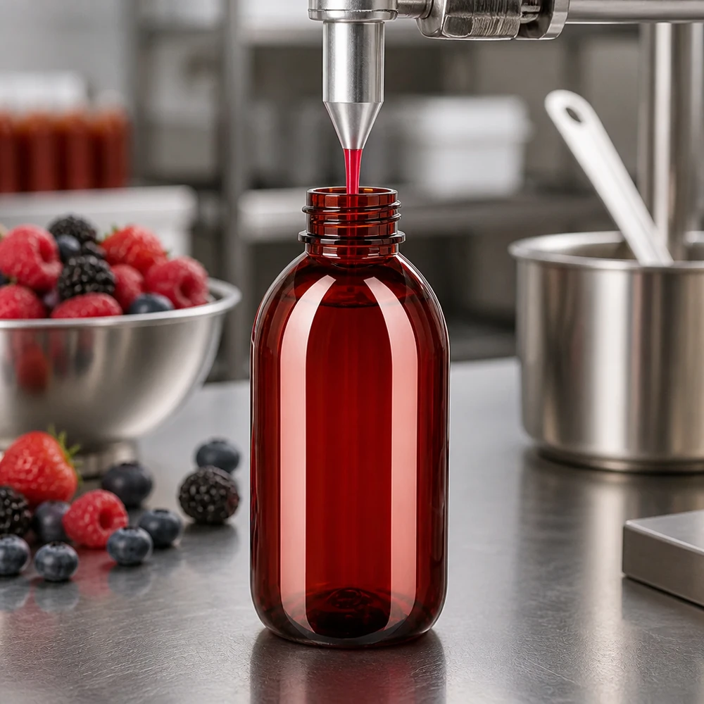 PET-fles 250 ml met witte flip-top dop. Een slanke PET-fles van 250 ml, gemaakt van doorzichtig kunststof, wordt gevuld met rood fruitextract