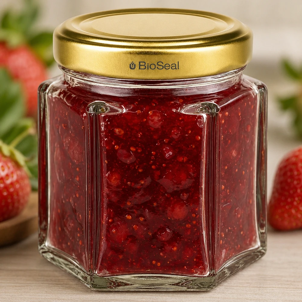 Honingpot 60 g met gouden BioSeal UNiTWIST-deksel BioSeal 60g honingpot zeshoekig gevuld met aardbeienjam en gouden schroefdop in keukenstijl