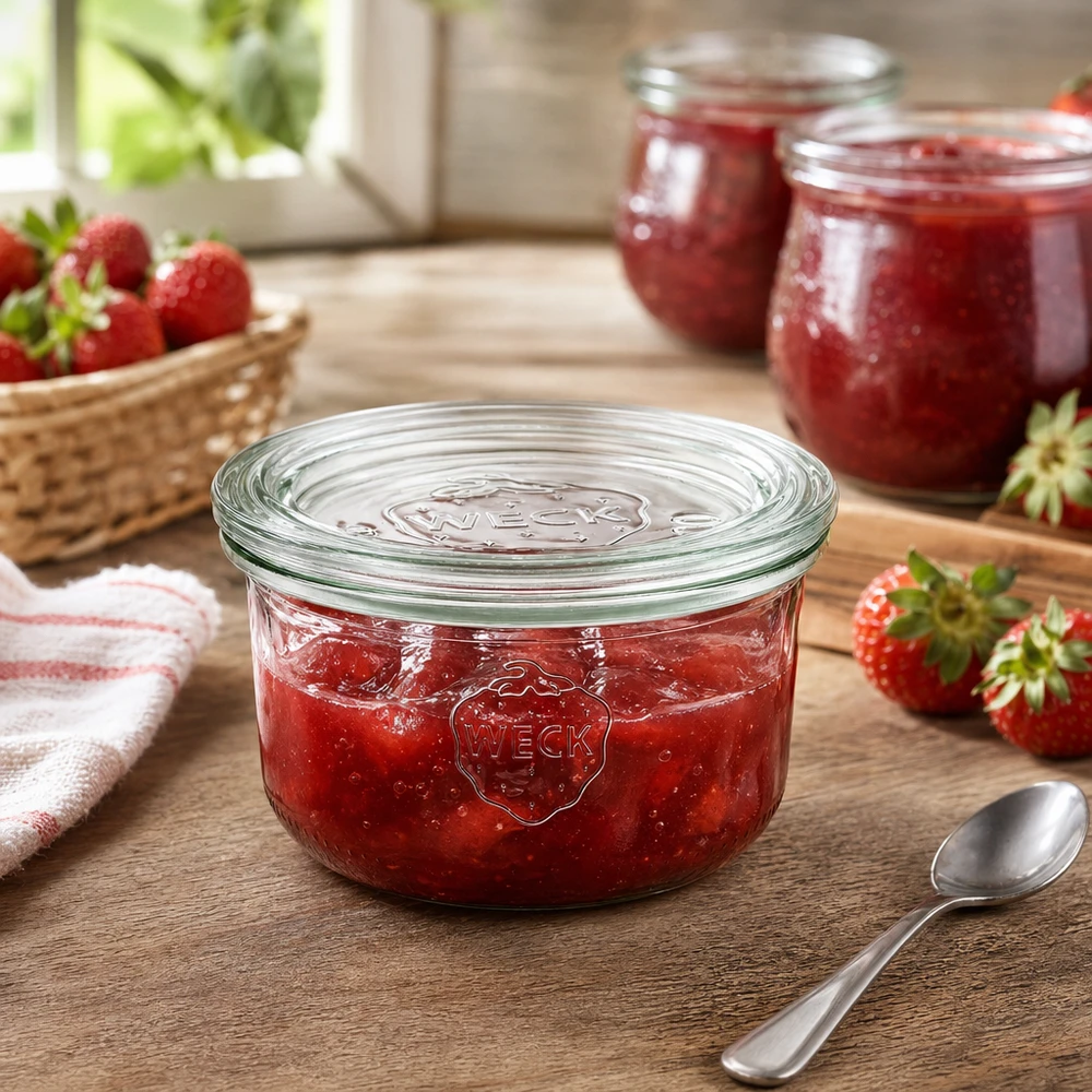 WECK 165ml RR80 pot gevuld met aardbeienjam op een houten tafel met verse aardbeien en lepel