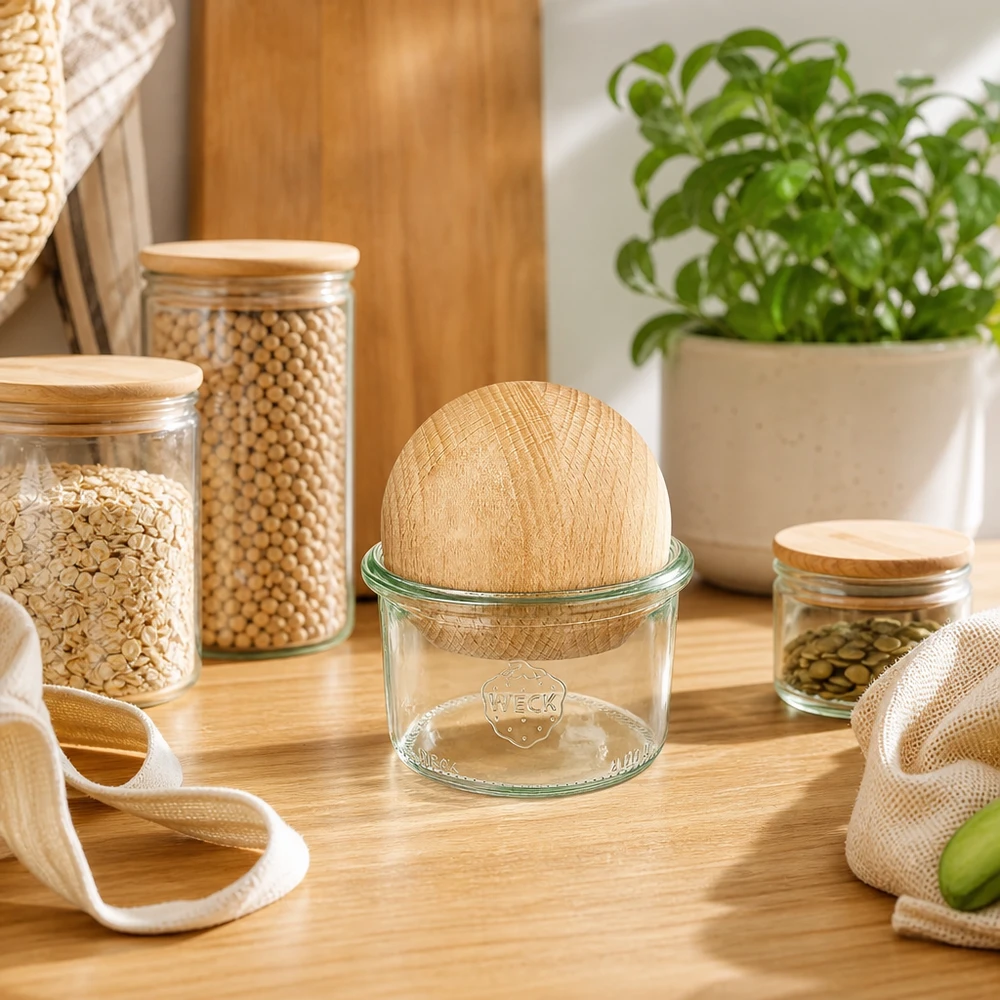 WECK bekers 200ml RR80 met houten bal beuken in zero-waste keuken, omringd door duurzame voorraadpotten en stoffen zakken
