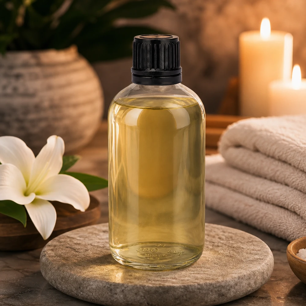 100ml (Globul)Flas. 3mm GR w. STD ClearL. UT18/100 Cilindrische glazen fles van 100 ml op een natuurstenen ondergrond met een witte lelie en kaarsen in de spa
