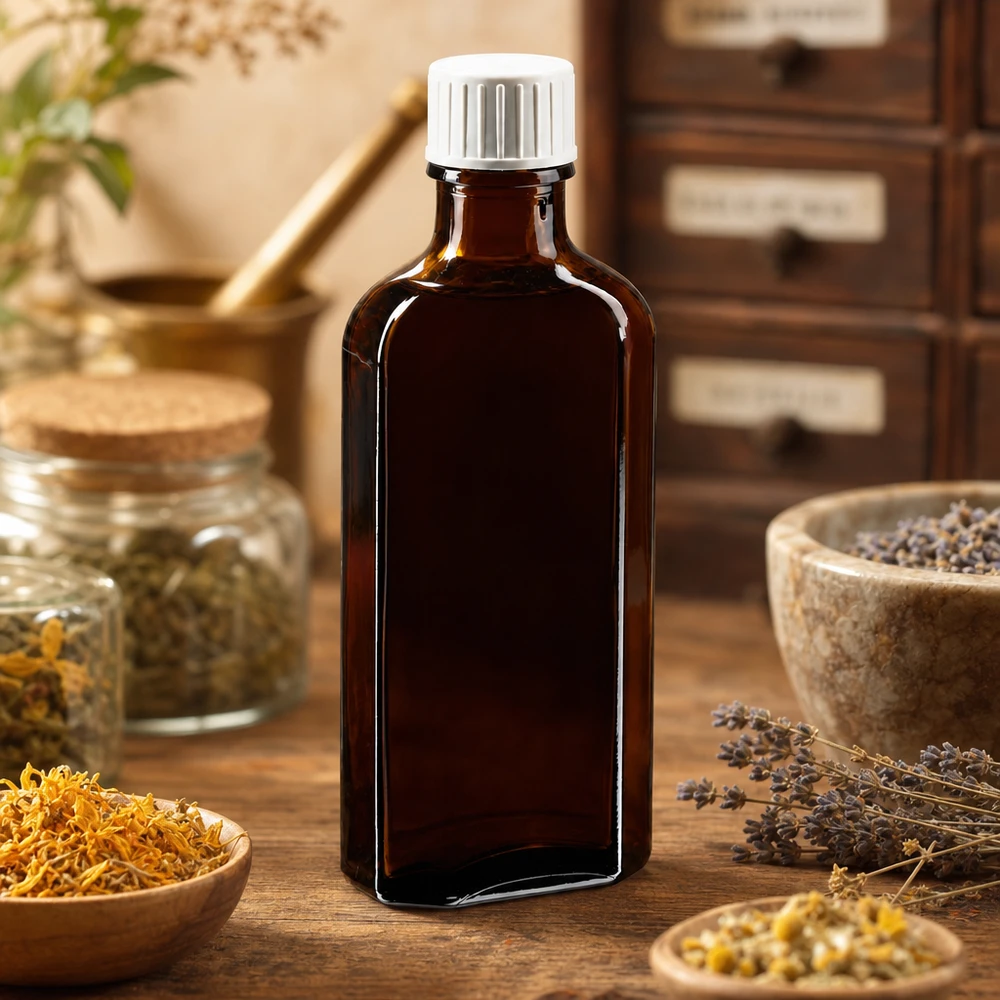 100 ml bruine meplatfles met DIN 22 monding, inclusief schroefsluiting DIN 22 wit met gietring Lichtbeschermende Meplat-fles van 100 ml, bruin, voor kruidentincturen en plantenextracten