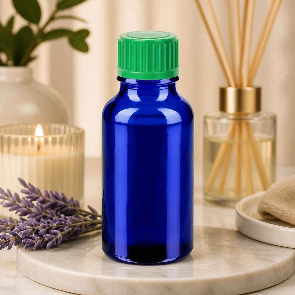 20ml Druppelflesje 0.8mm groen STD BlueLine UT18/20 Blauwe glazen fles 20ml met UV-bescherming en groene druppeldop voor lichtgevoelige stoffen