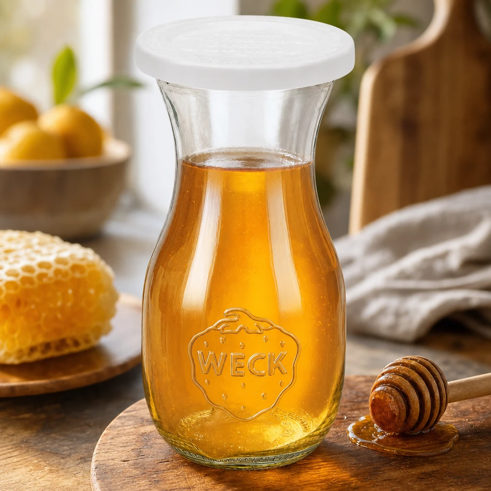 WECK 290ml sapfles met RR60 vers deksel gevuld met gouden honing naast honinglepel en honingraat