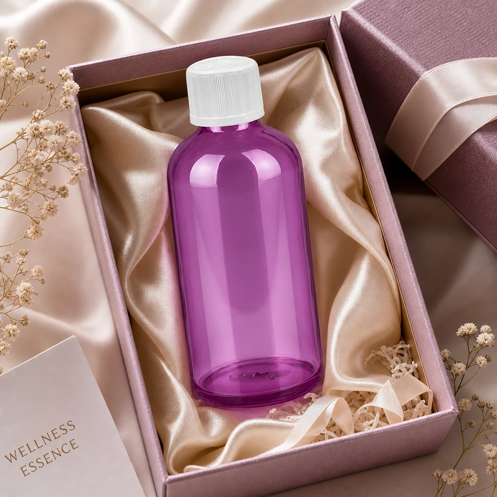 100ml druppelflacon 1,2mm wit standaard kindveilig PurpleLine. UT18/100 Stijlvolle 100 ml fles in paars met mat witte dop voor moderne cosmetica