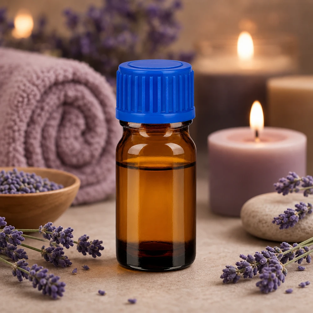 5ml bruin glazen flesje BrownLine voor aromatherapie en wellness-toepassingen met blauwe dop