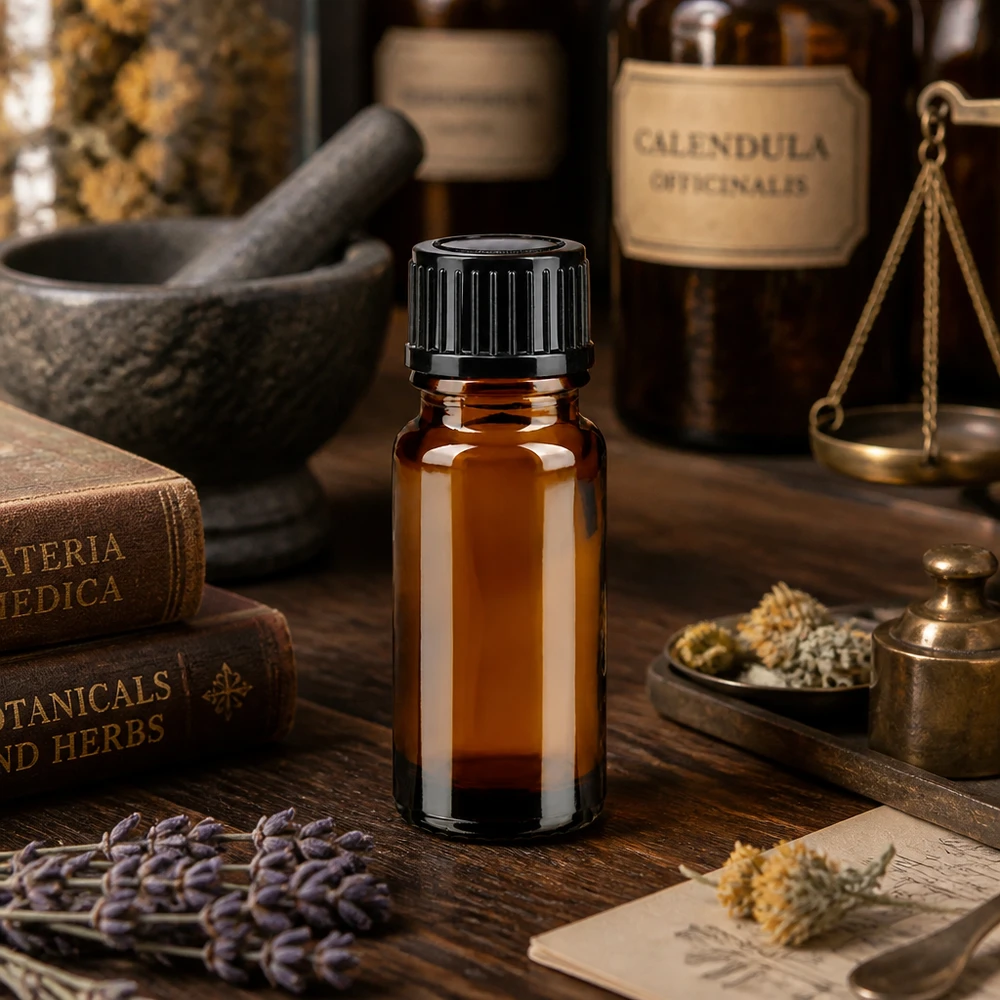 Bruine glazen fles 10ml met zwart schroefsluiting St Bruine glazen fles van 10 ml met kindveilige zwarte dop, naast een vijzel en een weegschaal