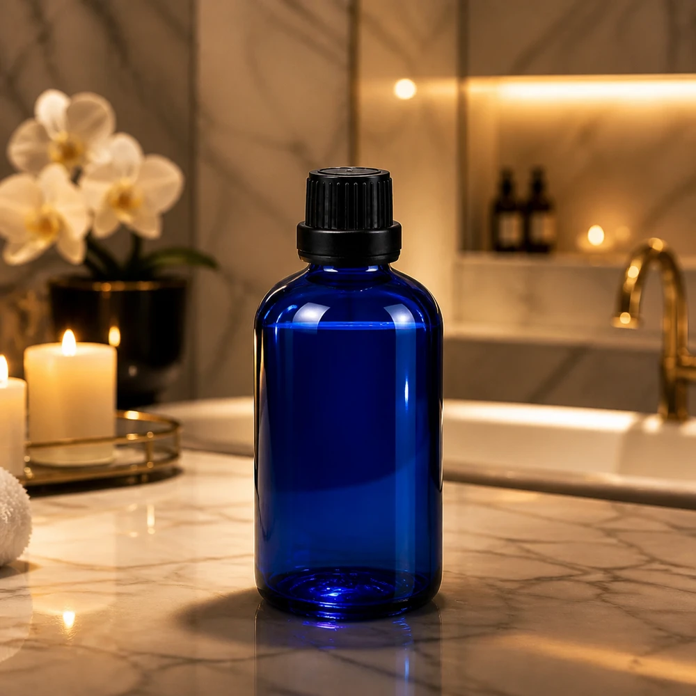 Blauw apothekersglas van 100 ml met precisiedruppelaar van 2 mm en zwarte schroefdop