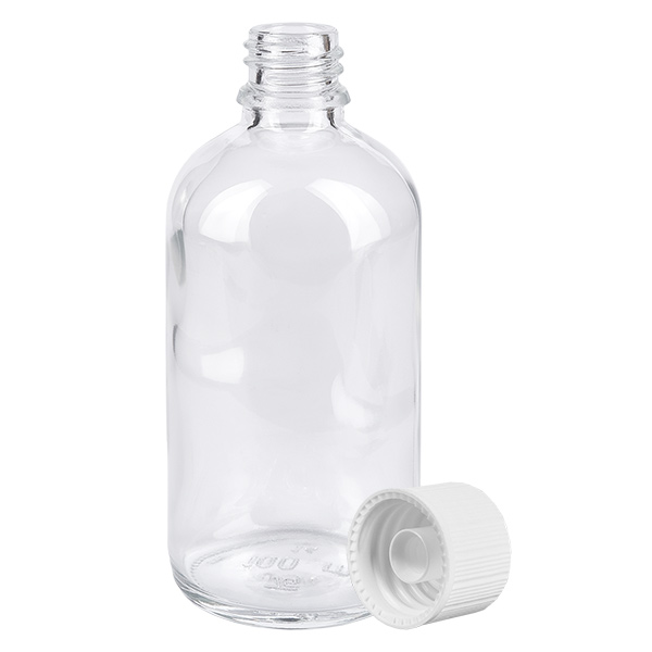 100ml fles 11mm SV wit STD ClearLine UT18/100 Open apothekersfles van 100 ml van helder glas met een witte veiligheidsdop van 11 mm