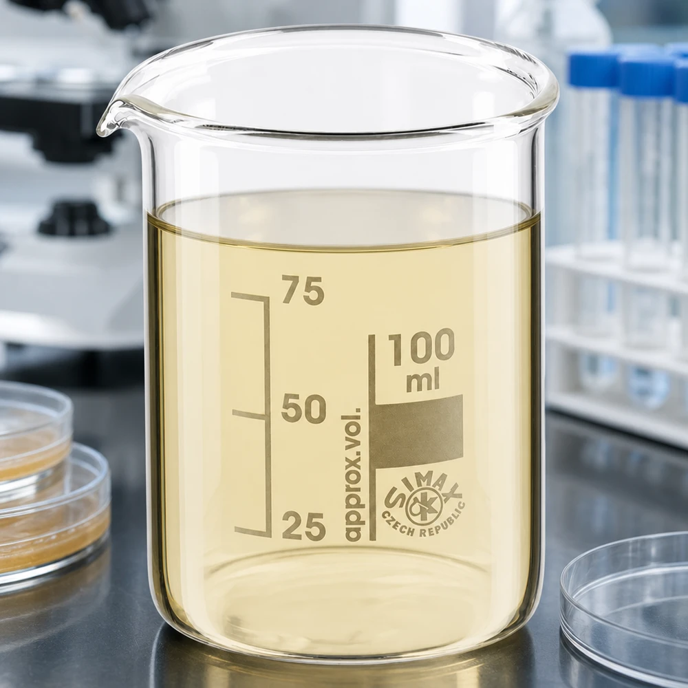 Transparant bekerglas 100 ml van borosilicaatglas met gele vloeistof en nauwkeurige maatverdeling