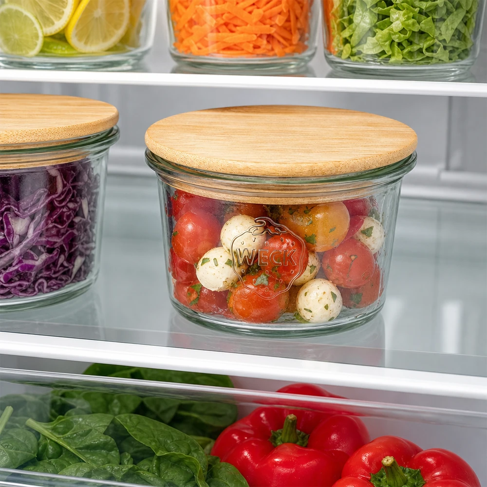 WECK-mini stortglas 35ml met hout deksel WECK Mini Sturzglas 35ml mit Bambus Holzdeckel zur Aufbewahrung von Tomaten und Mozzarella im Kühlschrank organisiert