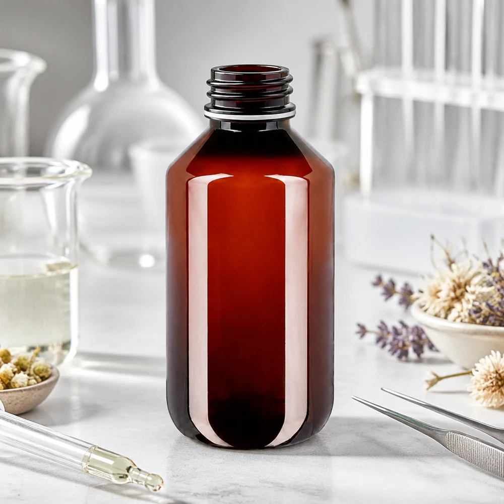 100 ml amberkleurige PET-fles met een witte, geribbelde OV-dop voor natuurlijke cosmetica
