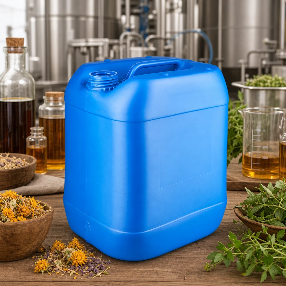 Blauwe jerrycan van 20 liter met schroefdop, zonder deksel, ideaal voor kruiden- en plantaardige oliën