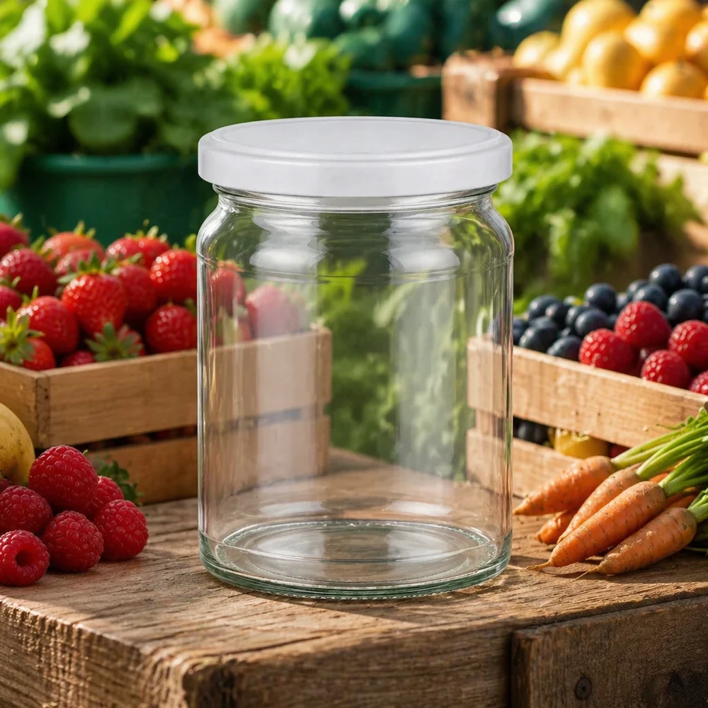 205 ml ronde pot UNiTWIST op houten tafel met vers fruit en groenten - ideaal voor jam en conserven