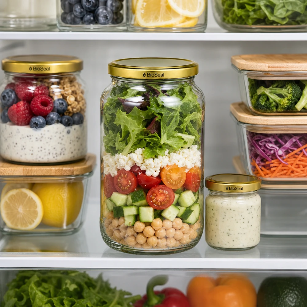 1062ml rond glas met BioSeal deksel goud UNiTWIST UNiTWIST Runda1062 Maaltijdvoorbereider koelkastsalade gelaagde salade TO82 BioSeal Gold deksel voorraadpot vers houden