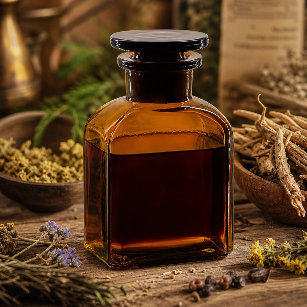 Vierkante laboratoriumfles van 150 ml, bruin glas, met wijde hals en glazen stop, voor distillaten en tincturen