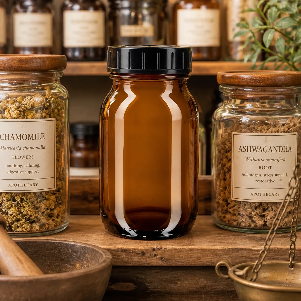 Fles met wijde hals 100 ml bruin glas met schroefdeksel 100 ml schroefdekselpotje van hoogwaardig amberkleurig glas, ideaal voor kruiden en specerijen