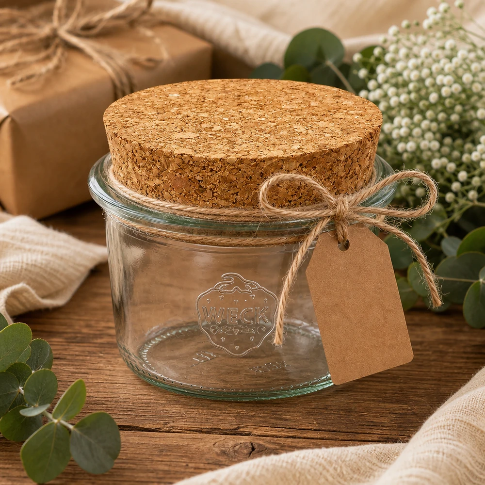 WECK bekers 80ml RR60 cadeau-idee met kurken label en jute lint gedecoreerd op een houten tafel