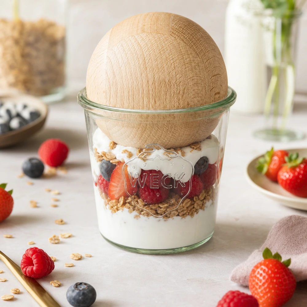 WECK RR100 580ml mason jar met beukenhouten bol als mueslibakje met yoghurt bessen en granola op het aanrecht