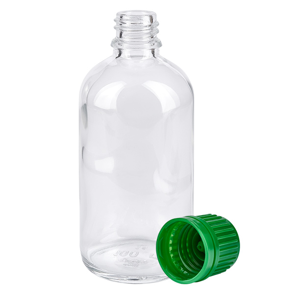 100ml flacon 11mm SV groen OV ClearLine UT18/100 Lege ClearLine-fles van helder glas van 100 ml, zonder de originele groene schroefdop van 11 mm