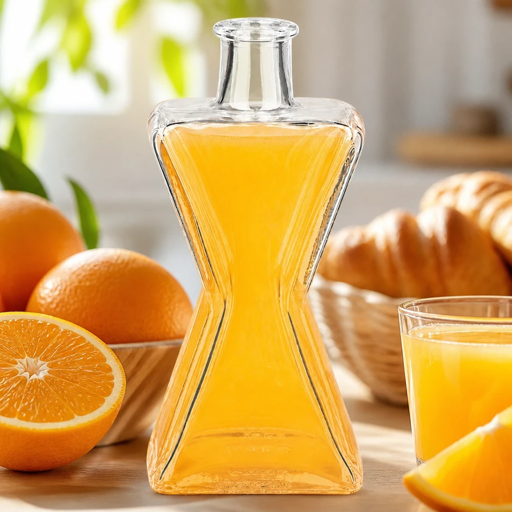 Glazen sterfles van 200 ml gevuld met sinaasappelsap naast verse sinaasappels en croissants op een houten tafel in een ontbijtsetting