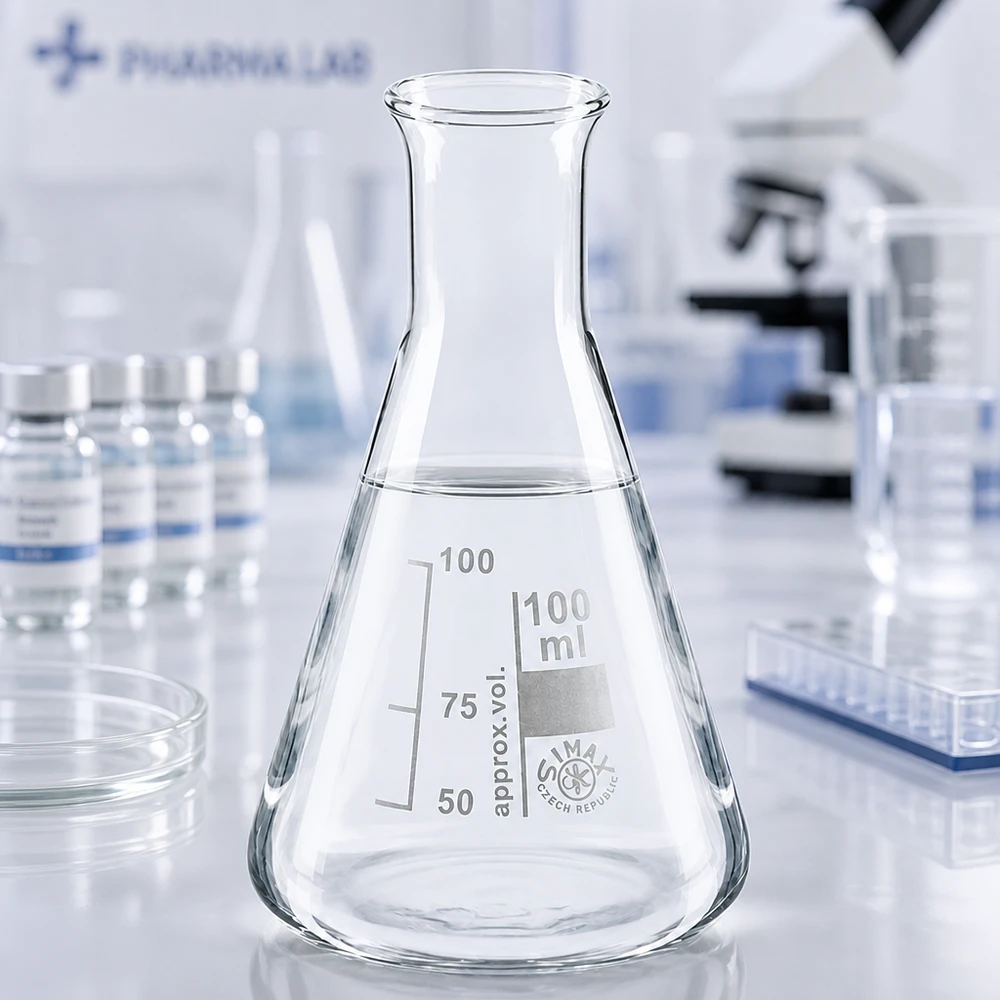 Compacte erlenmeyer van 100 ml met smalle hals, ideaal voor kleine monsterhoeveelheden
