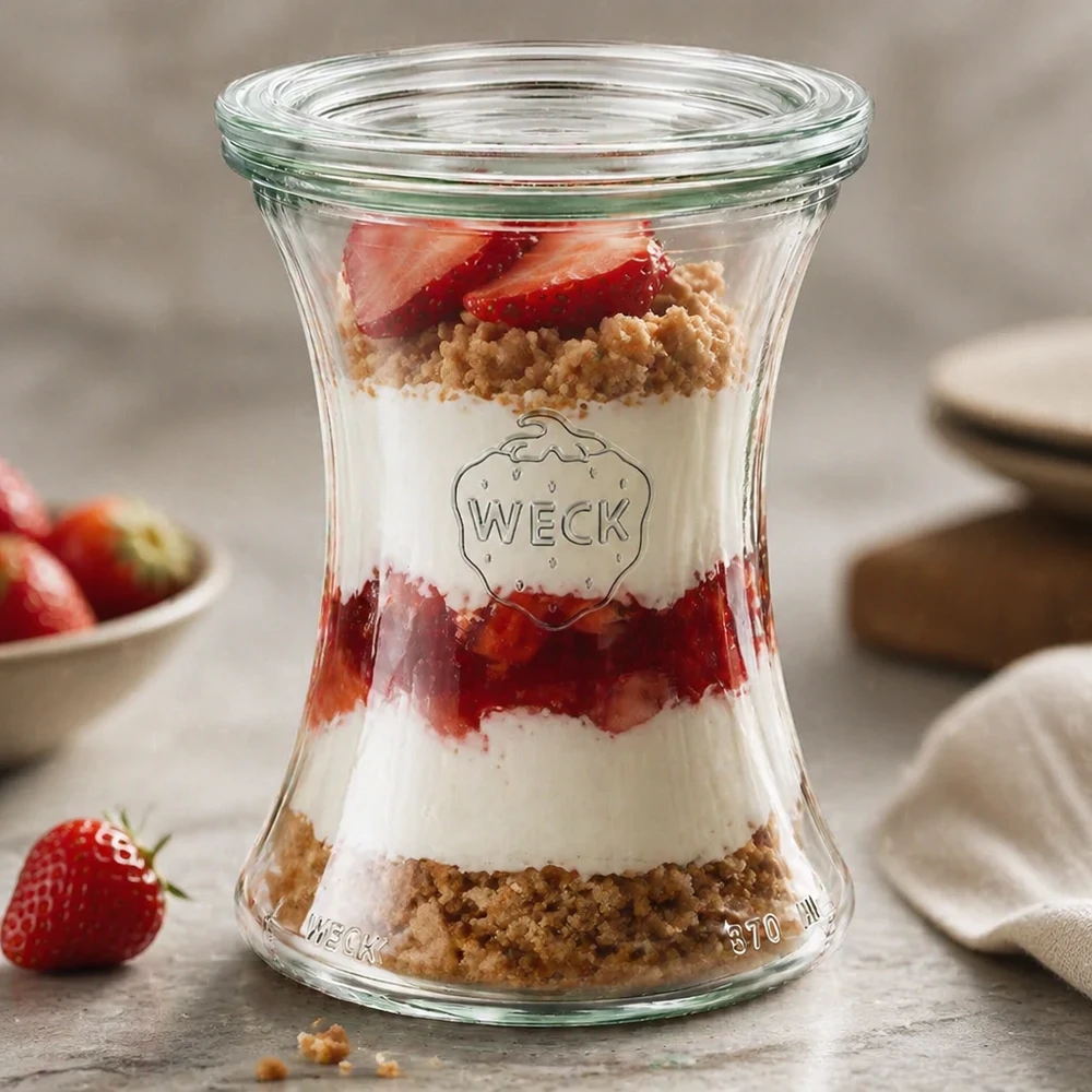 WECK delicatessenpot 370ml RR80 als dessertpot met aardbeien en hagelslag toont een elegante gelaagde look