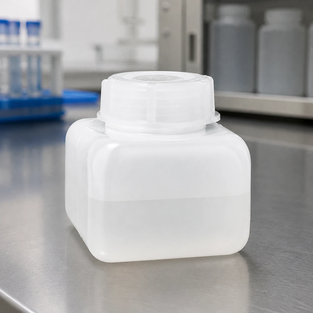 Chemicaliënfles 250 ml, wijde hals, incl. sluiting GL 50 Stevige kunststof fles van 250 ml, naturelkleurig PE-HD, met brede hals, bestand tegen zuren en basen