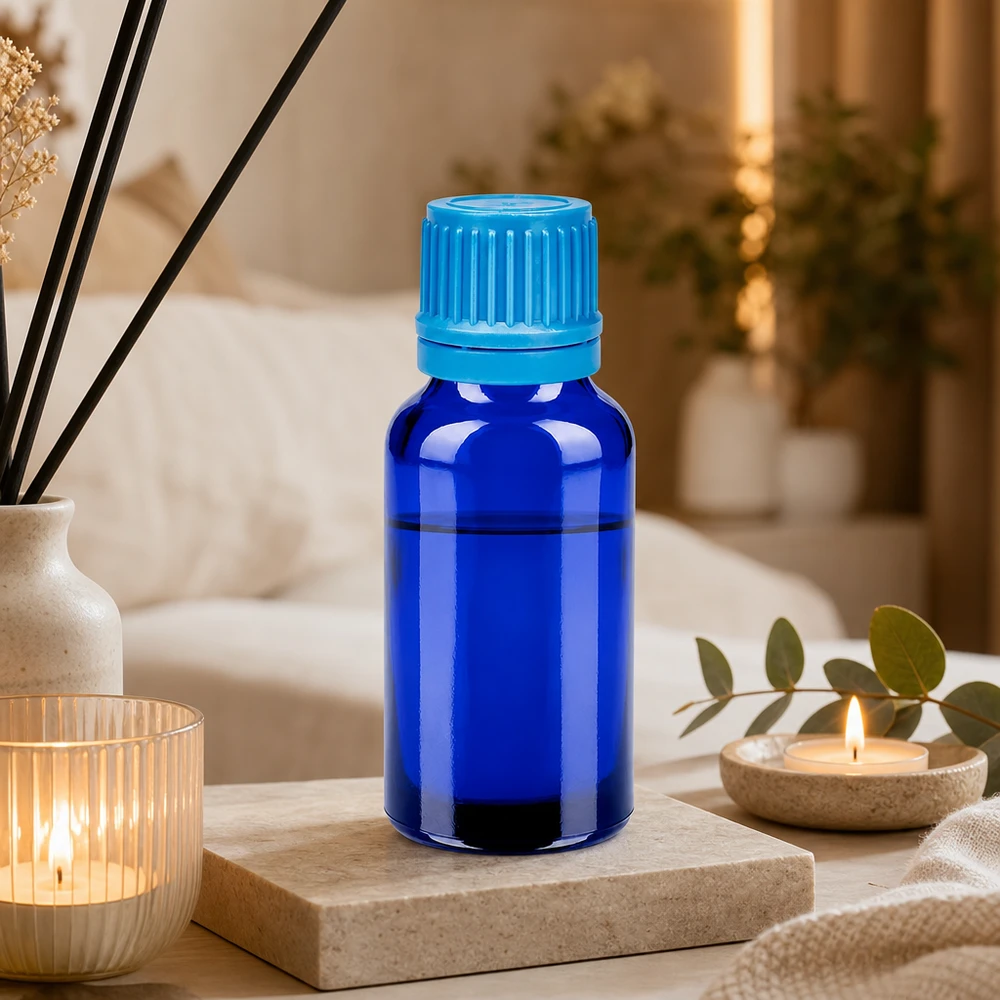 Professionele 20ml BlueLine fles met turquoise verzegelstop voor veilig bewaren