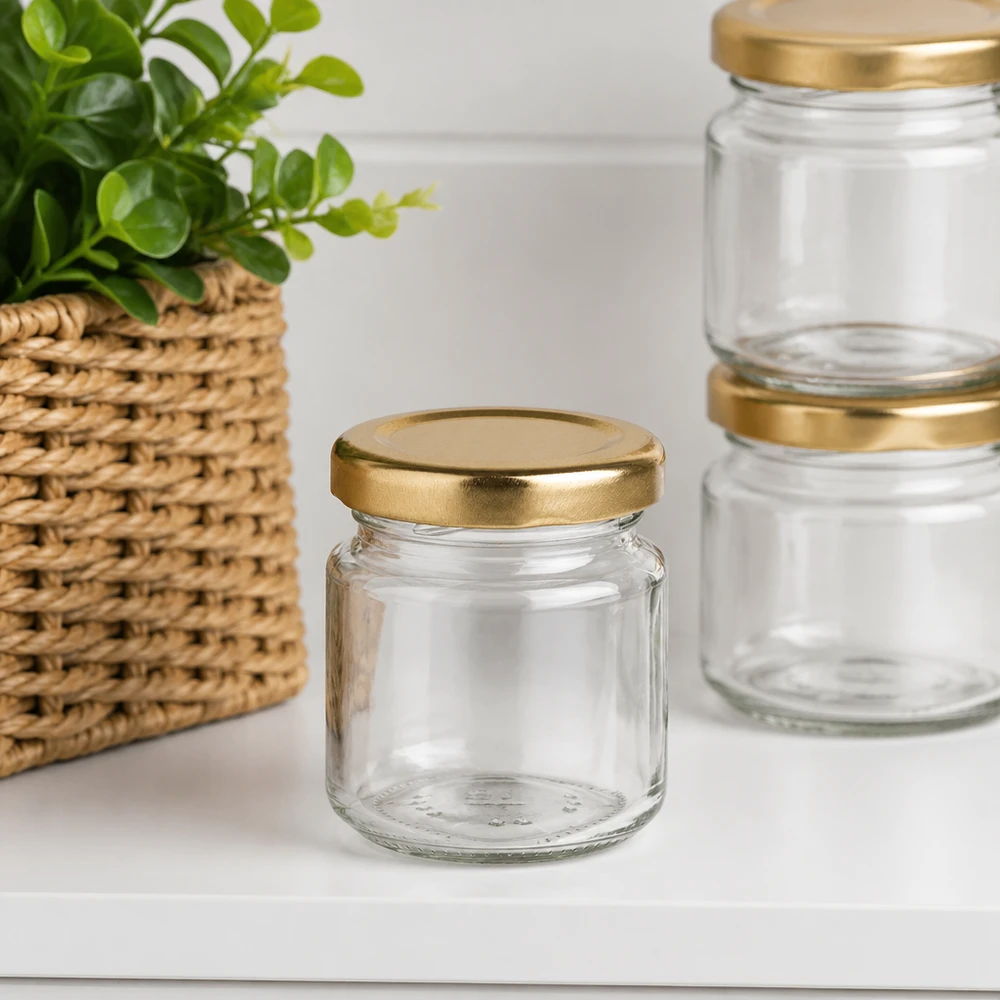 53ml ronde pot UNiTWIST leeg met gouden BasicSeal deksel in moderne woonsfeer met plant