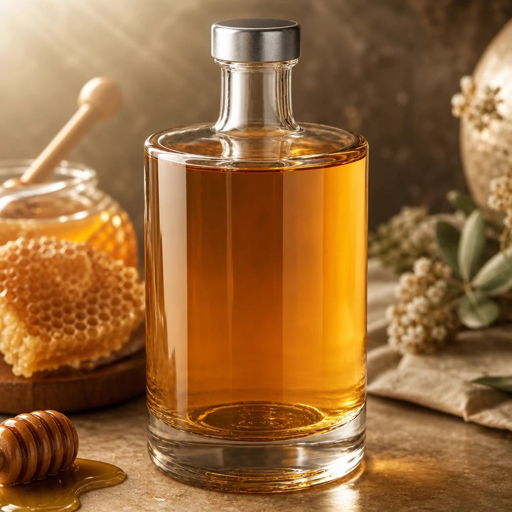 500 ml glazen fles Sam en schroefdop zilver UNiTWIST® 500ml glazen fles Sam gevuld met honing naast honingraat en honinglepel rustieke keuken decoratie Toepassing voorbeeld