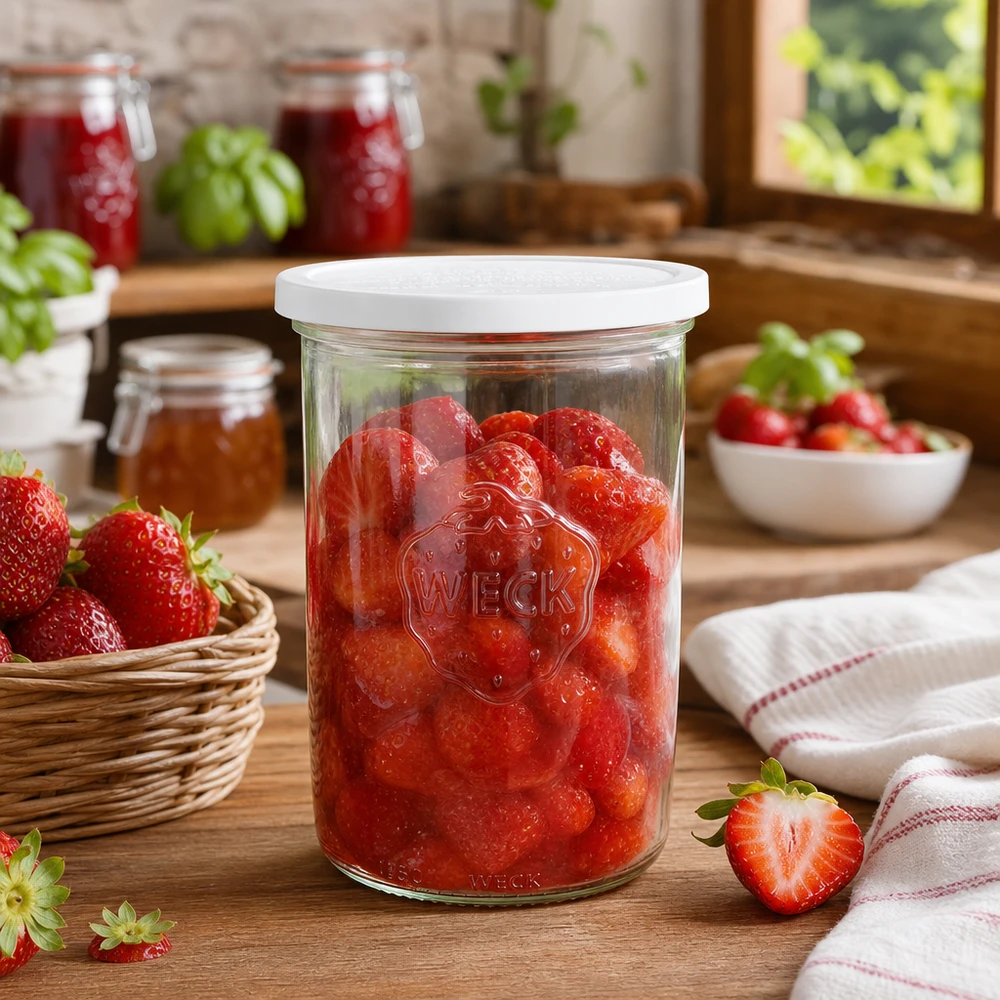 1000ml stortglas met vershouddeksel WECK RR100 WECK inmaakpot 1000ml RR100 met ingemaakte aardbeien in rustieke keuken met vers fruit