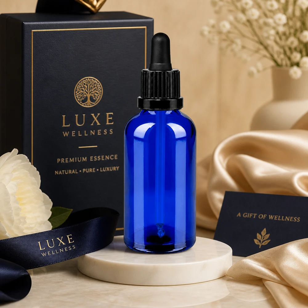 Stijlvolle blauwe glazen fles met matzwart pipetopzetstuk voor luxe productpresentatie