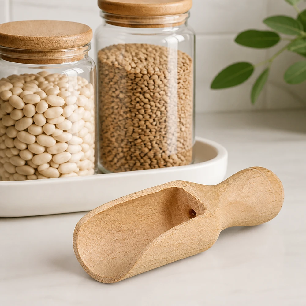 Houten schepje XS 5,2 cm naast voorraadpotjes met witte bonen en koriander voor zero waste koken en kruiden bewaren