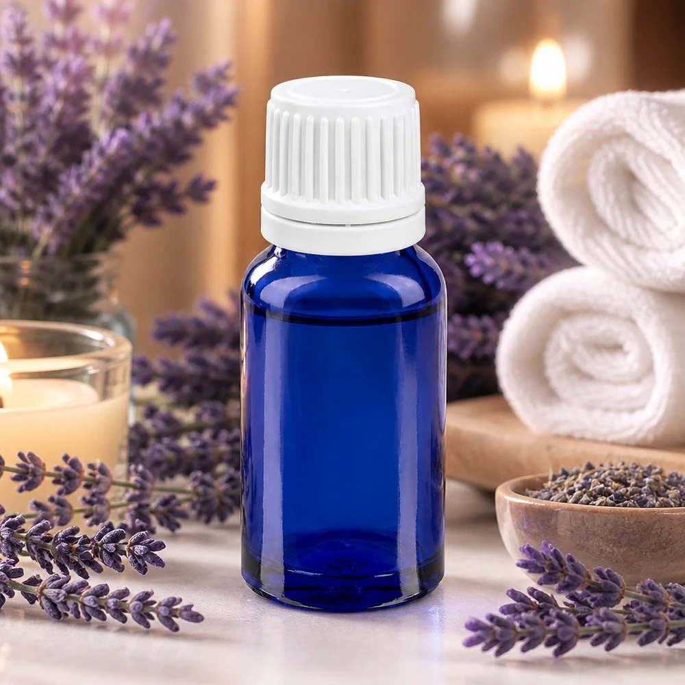 Handig blauw glazen flesje van 10 ml met ergonomische witte schroefdop UT18/10