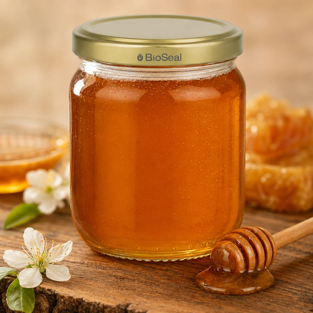 Honingpot 500g met BioSeal gouden deksel en honinglepel op rustiek hout met witte bloemen als decoratie