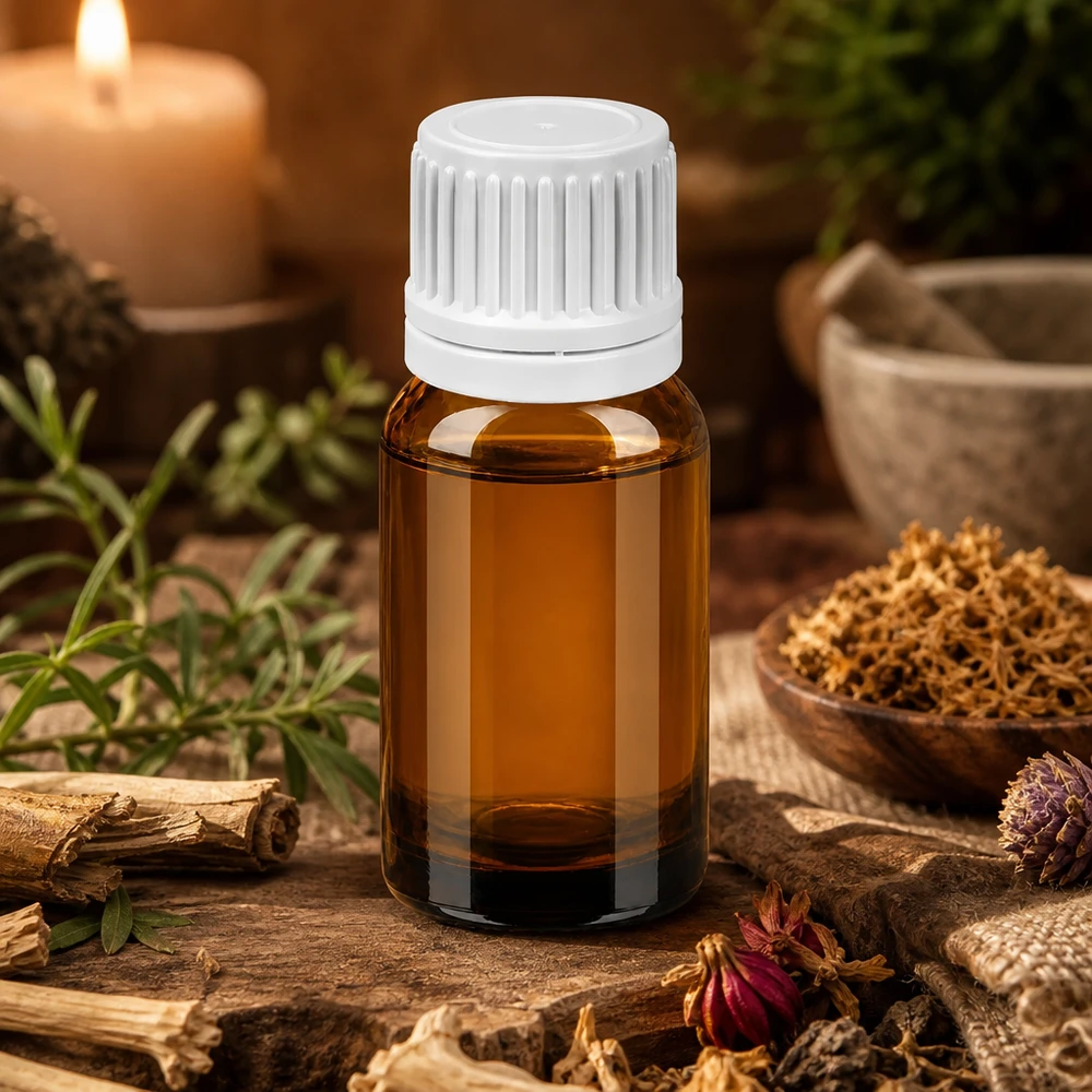 Hoogwaardig 10ml flesje gemaakt van UV-beschermend amberkleurig glas met veilige witte dop