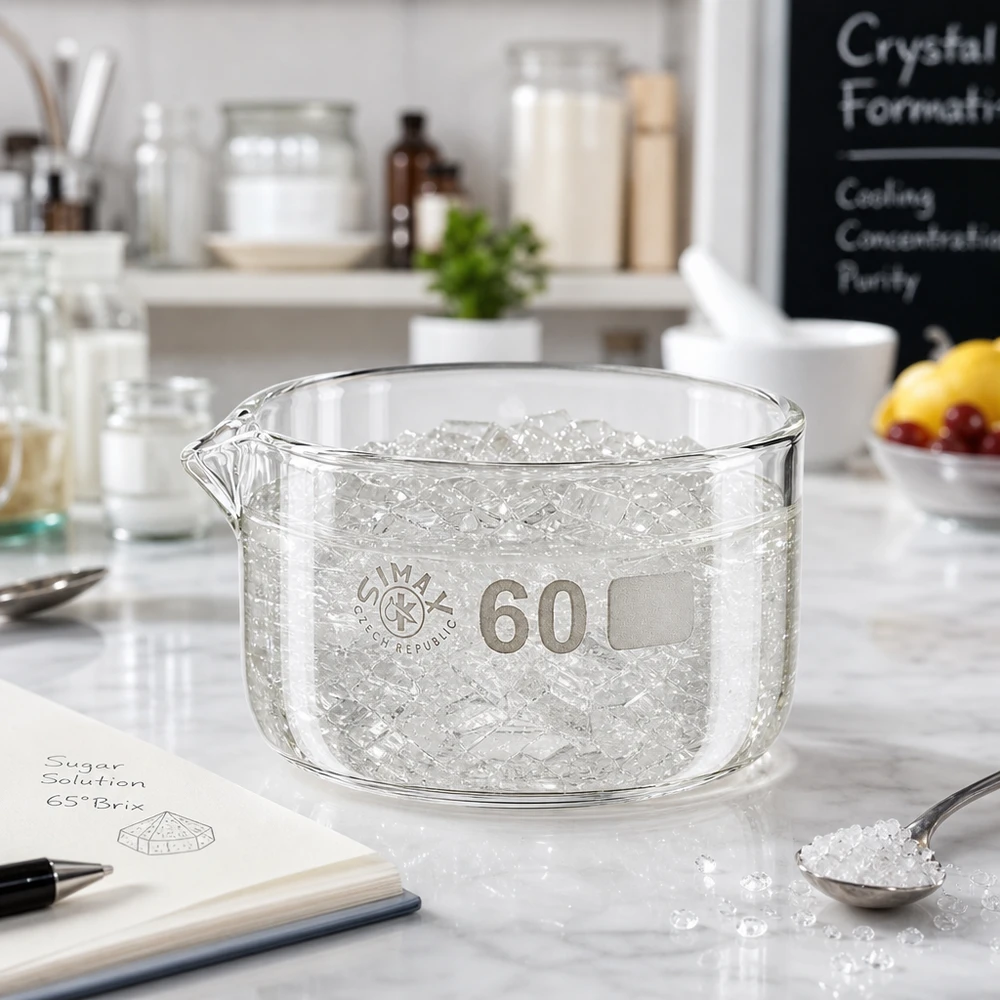 Kristalliseerschaal 60ml met schenktuit Glazen schaal voor suikerkristallisatie, laboratorium, 60 ml, Simax, Tsjechië, marmeren ondergrond, uitgietmond, plat