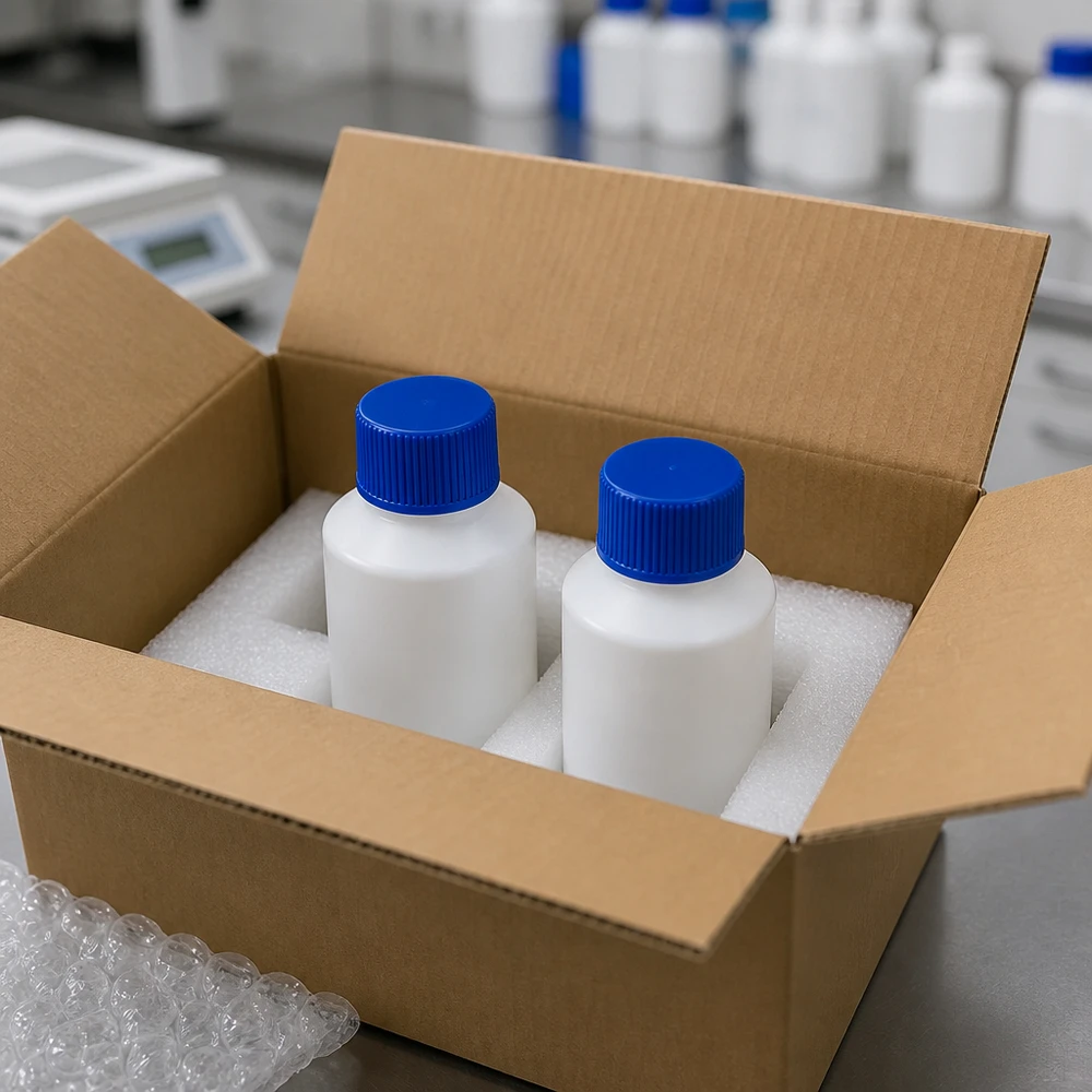 Veilige verpakkingsoplossing voor witte HDPE-apotheekflesjes van 50 ml met blauwe schroefdop