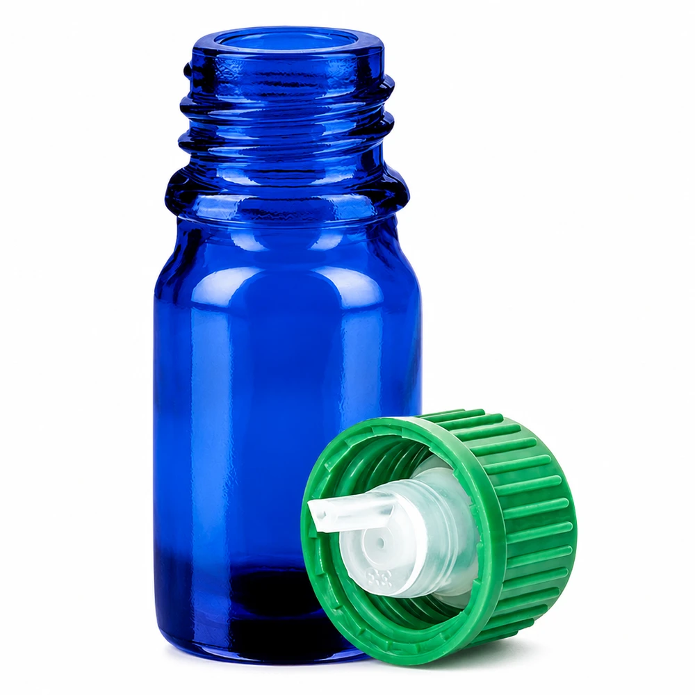 5ml Druppelflesje 0.8mm groen STD BlueLine UT18/5 Hoogwaardige druppelflacon 5ml van UV-beschermend blauw glas met doseerhulpstuk