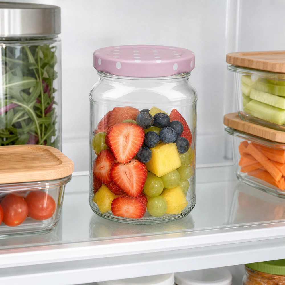 Ronde pot van 205 ml + roze BasicSeal-deksel met stippen UNiTWIST 205 ml ronde pot met roze BasicSeal gestippeld deksel in de koelkast voor het bewaren van vers fruit en groenten