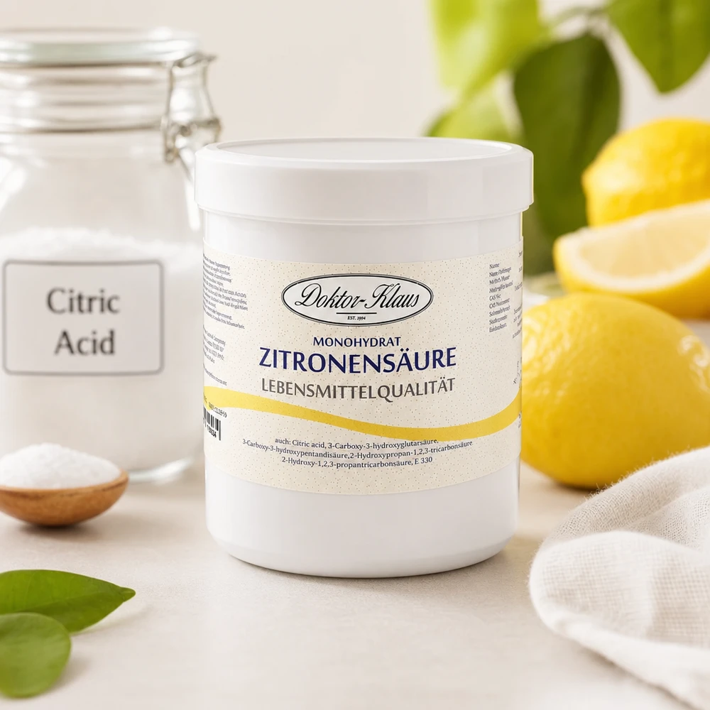 500 g citroenzuur, E330, levensmiddelkwaliteit Citroenzuurmonohydraat 500g Doktor-Klaus food grade met natuurlijke citroenen op de achtergrond