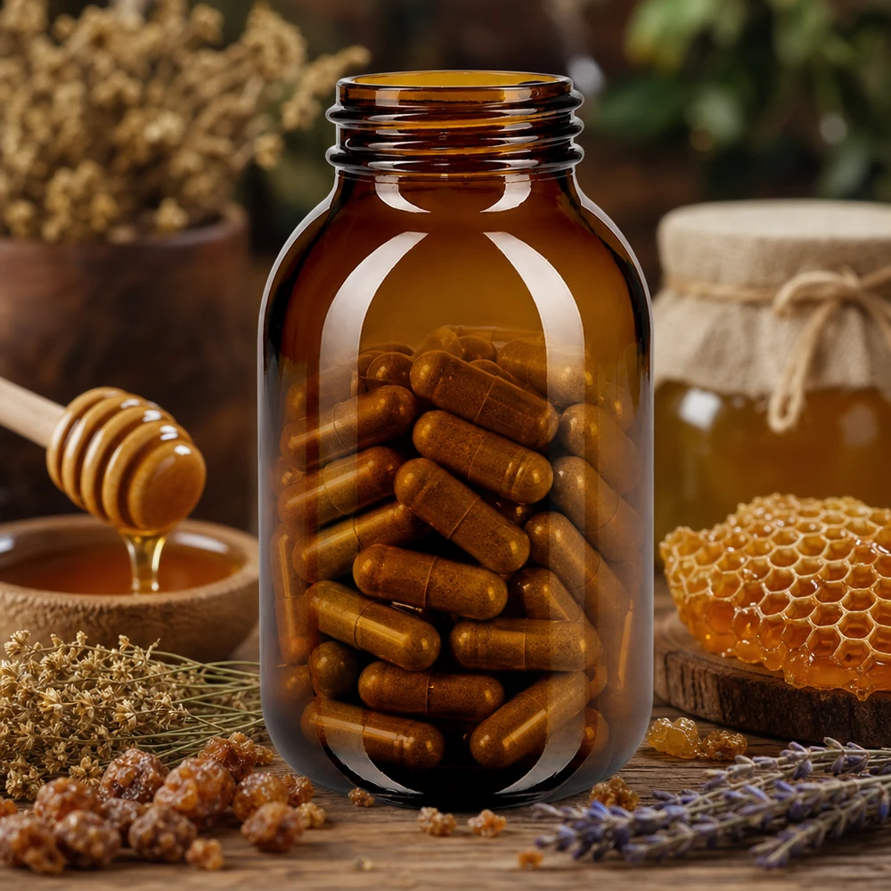 Grote 500ml wijdhalsfles van amberkleurig glas voor voedingssupplementen en capsules