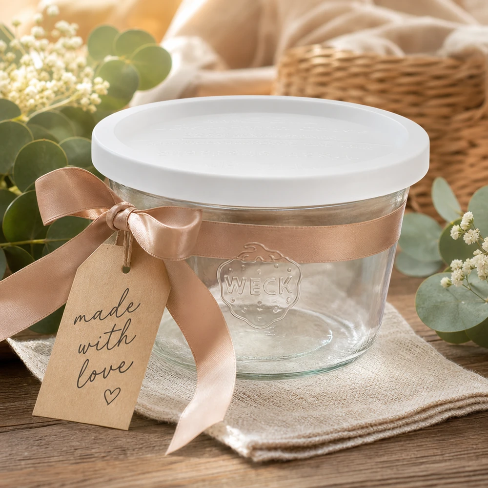 WECK RR100-pot van 370 ml met vershouddeksel WECK bekers 370ml RR100 decoratief gepresenteerd met strik en cadeaulabel Made with Love op een houten tafel