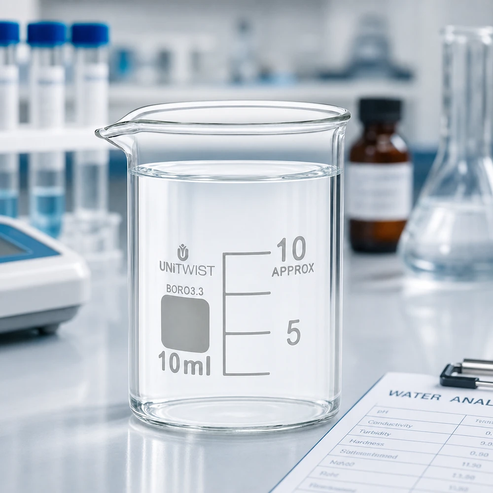 Klein maatbekertje van 10 ml, laag model, voor wateranalyse met pipetten en Erlenmeyer-kolven