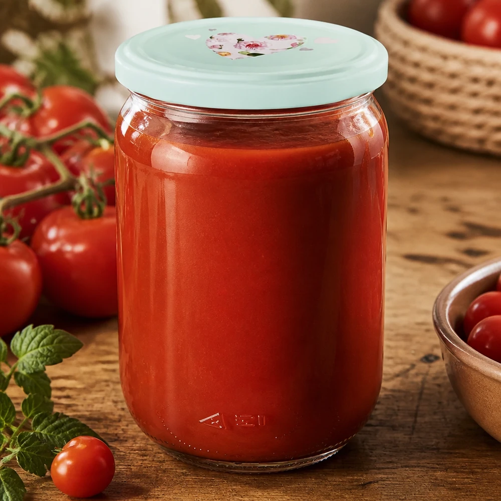 Zelf ingemaakte tomaten in een voorraadpot van 555 ml met een decoratief mintgroen deksel in de vorm van een hart